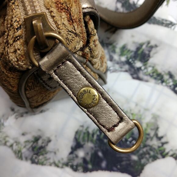 Fossil Tan Tapestry & Gold Leather Trim Satchel - Picture 12 of 12